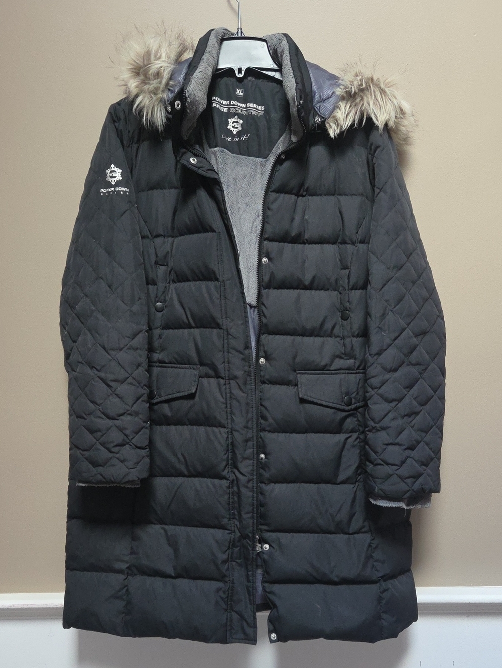 Free Country Black Quilted Long Puffer Coat with Faux Fur Trim